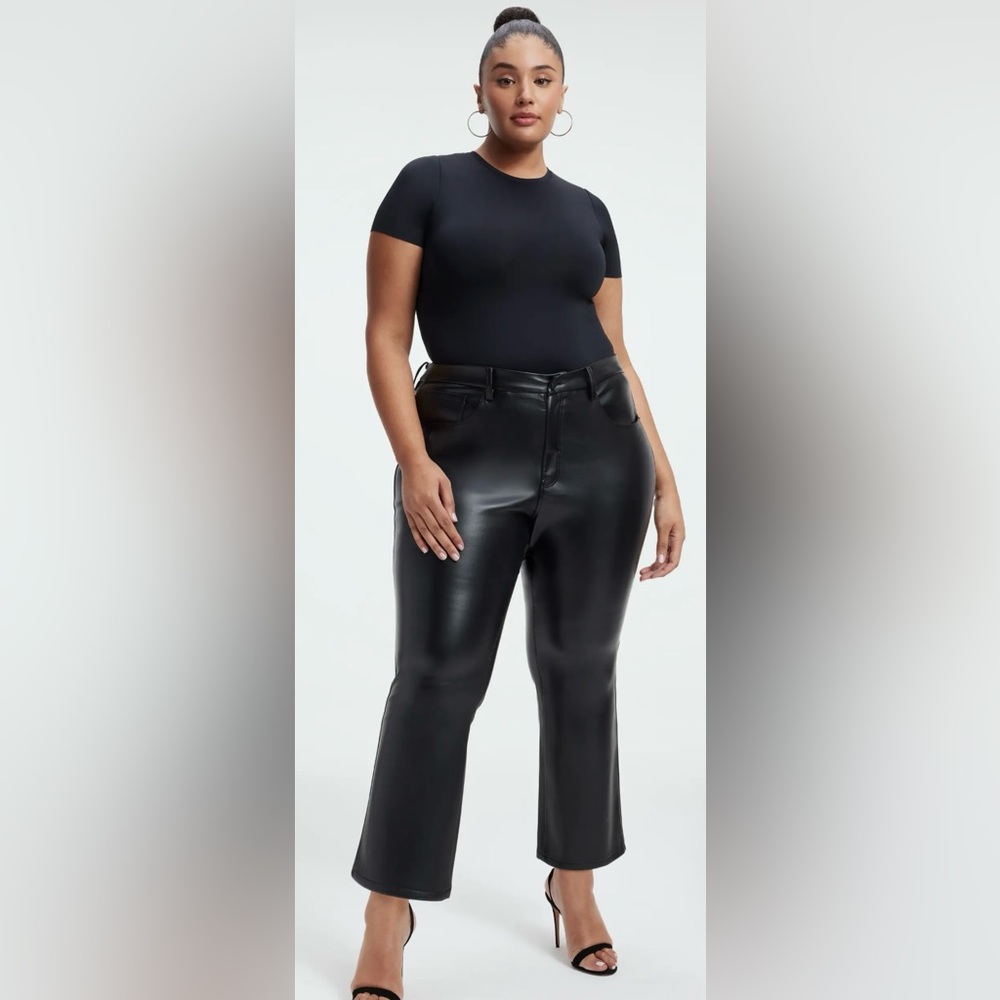 Good American High Waisted Black Faux Leather Pants Boot Cut Cropped Sz 24